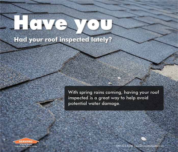 Broken roof shingles with water damage prevention tip graphic