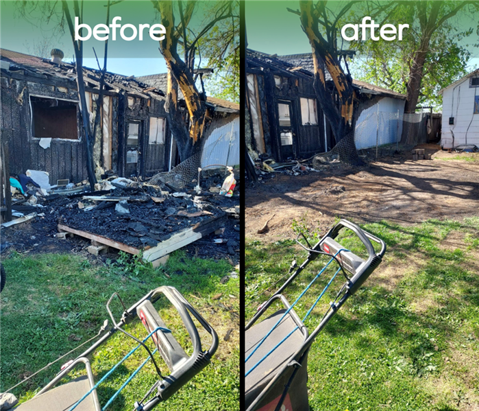 Image is a before and after of fire damage cleanup in Redding California